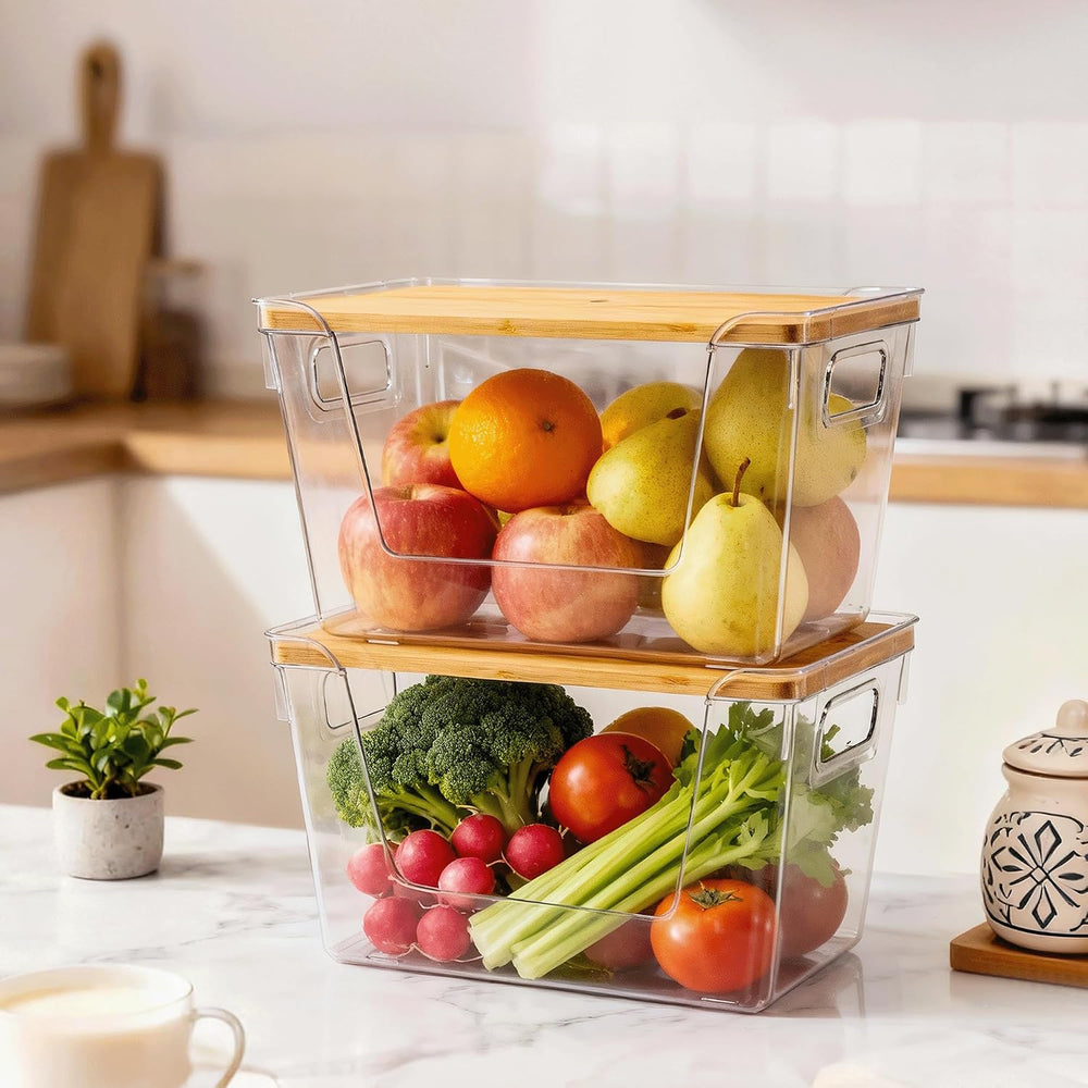 2 Set Pantry Organizers and Storage with Bamboo Lids, Stackable Clear Bins fo...