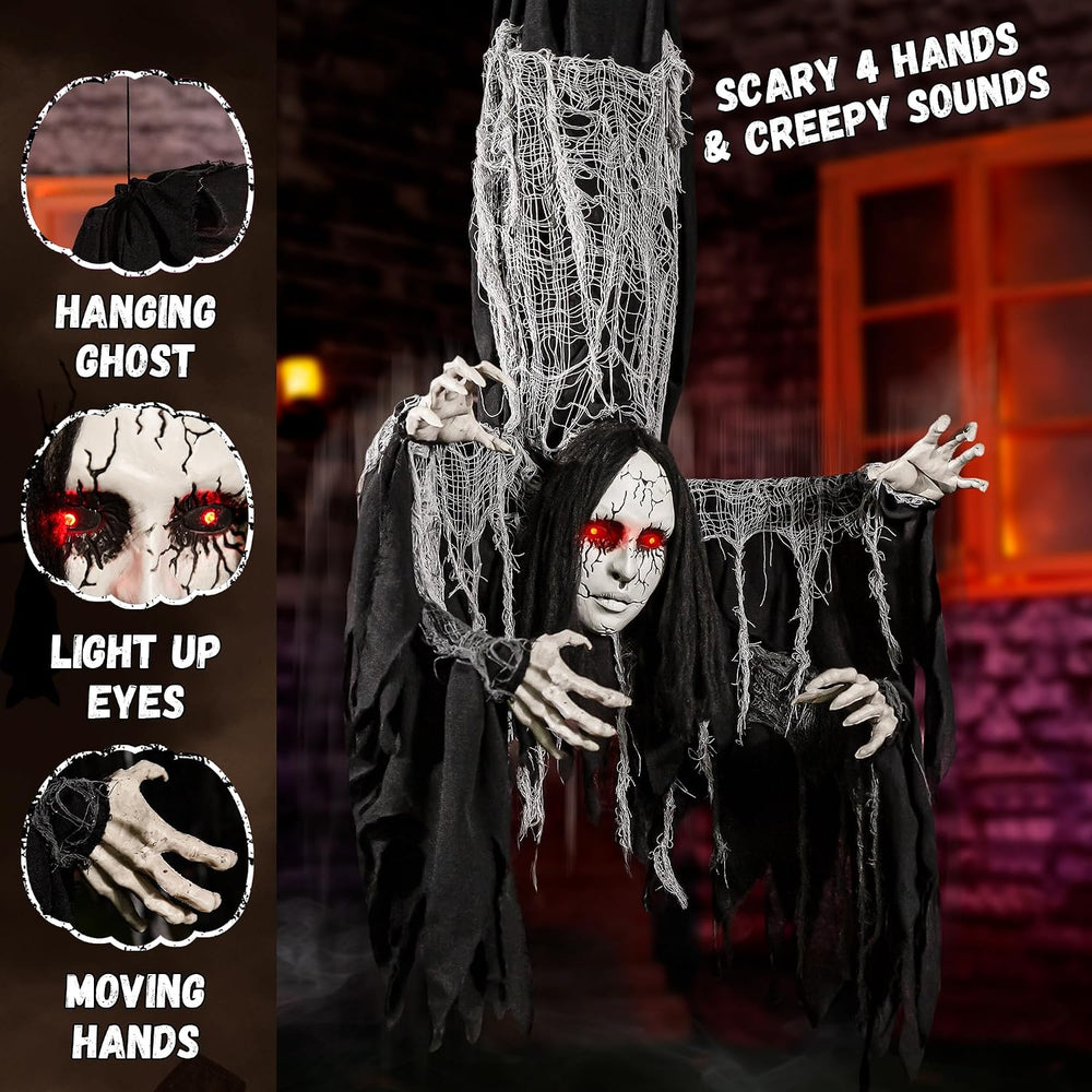 Halloween Animatronics Decorations Hanging Ghost with 4 Hands, 67'' A...