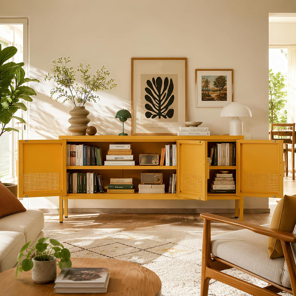 Yellow 47.3" Wide 3 Door Metal TV Stand, 2-Tier Storage Cabinet with Adj...