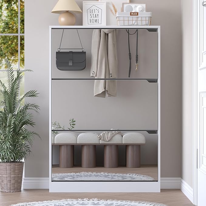 Shoe Cabinet with 3-Flip Mirror Drawers, Freestanding Shoe Rack Organizer with