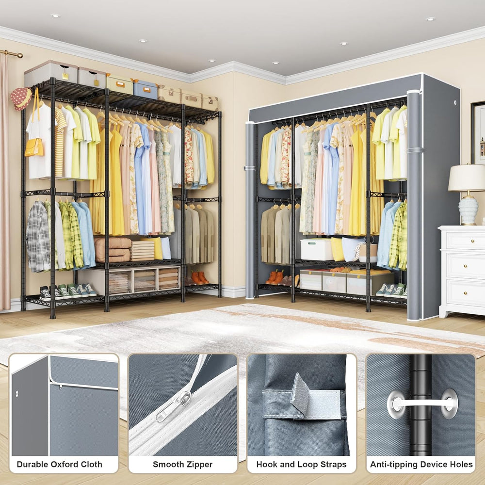 ULIFHOME E3C Black Clothes Rack with Gray Cover, Heavy Duty Garment Rack