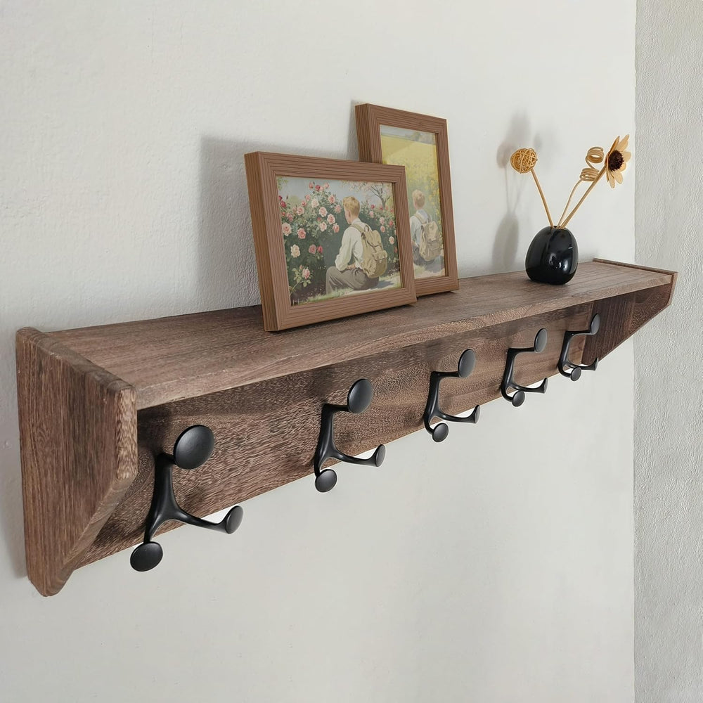 SKOLOO Wall Shelf with Hooks, 35-Inch Weathered Brown Wall Mounted Coat Rack ...