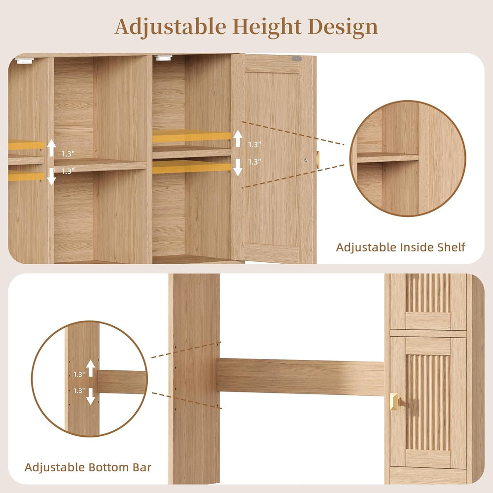 Fluted Over The Toilet Storage Cabinet with 4 Doors, Natural Oak