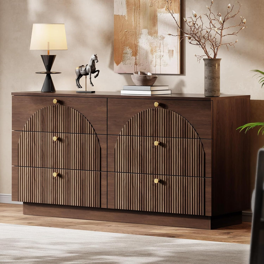 Arched Fluted Dresser for Bedroom with 6 Drawers 55.1" Wide Walnut