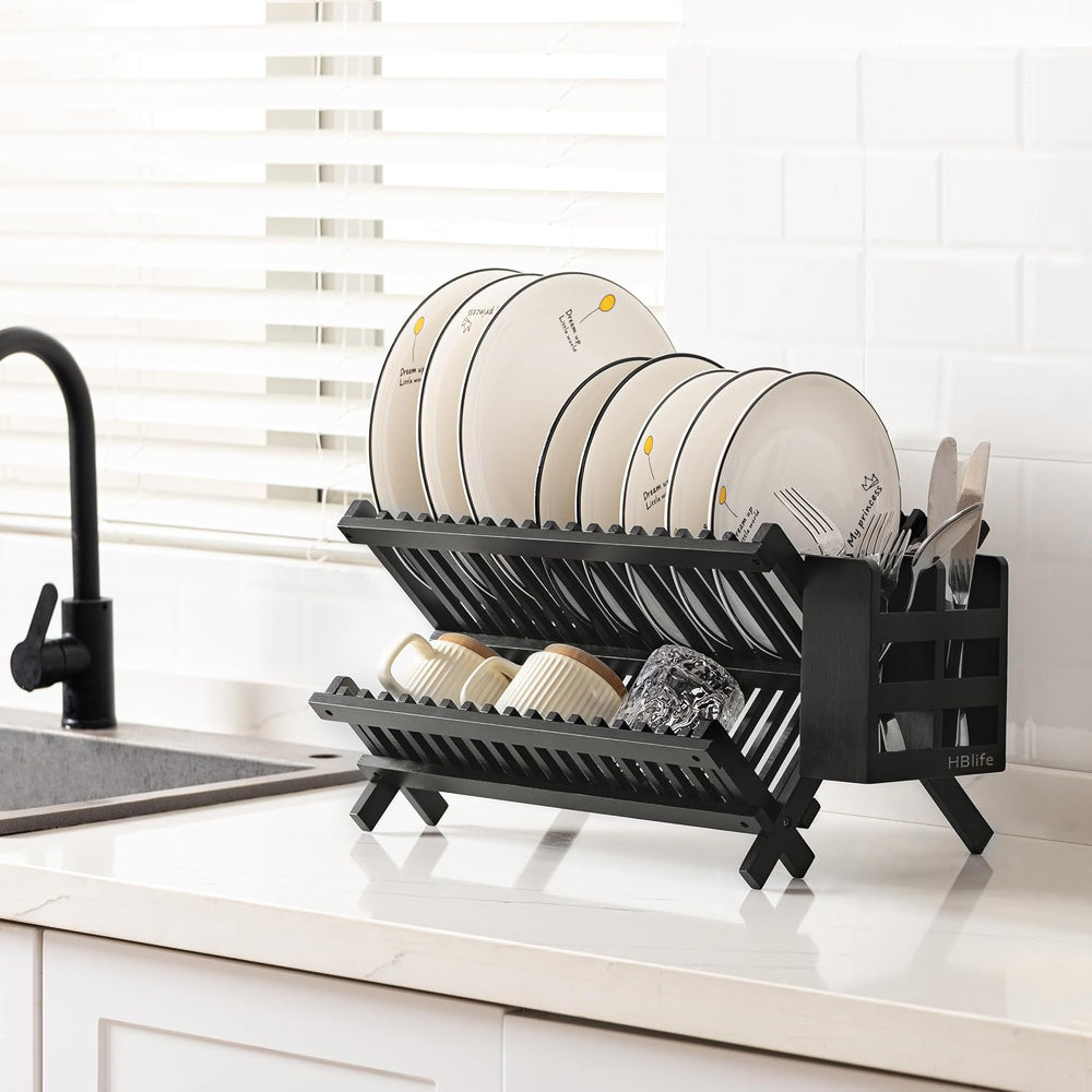 HBlife Dish Rack, Bamboo Folding 2-Tier Collapsible Drainer Dish Drying Rack ...