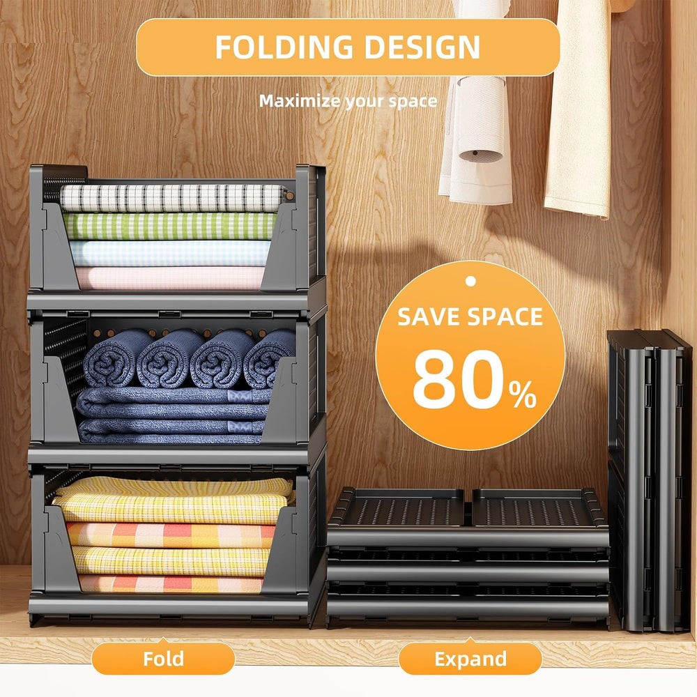 Folding Closet Organizer and Storage for Shelves, 5 Pack Stackable Plastic St...