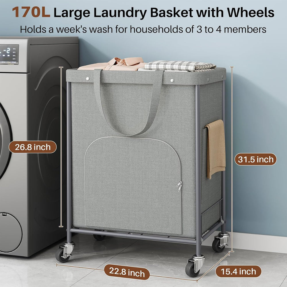 170L Large Laundry Basket with Wheels, Rolling Laundry Hamper Easy Access Clo...