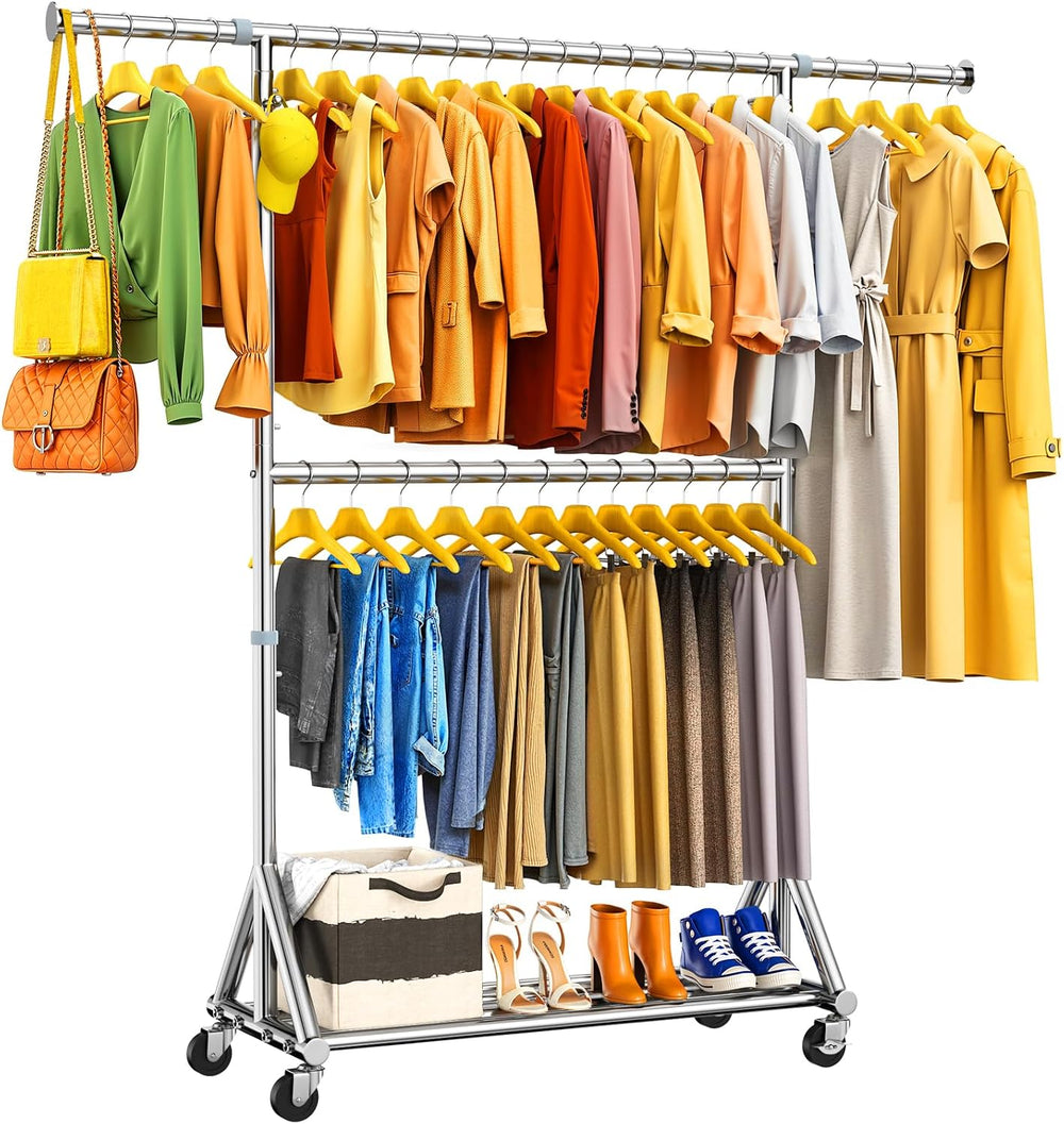 Heavy Duty Rolling Clothes Rack with Double Rods for Hanging Clothes, Adjusta...