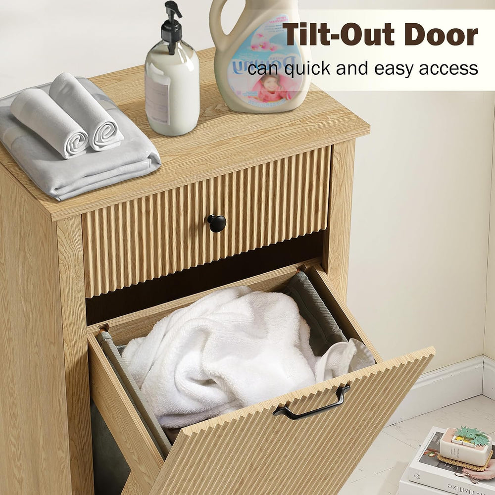 Wood Laundry Basket Cabinet, Hidden Trash Can Cabinet with Drawer, Versatile ...