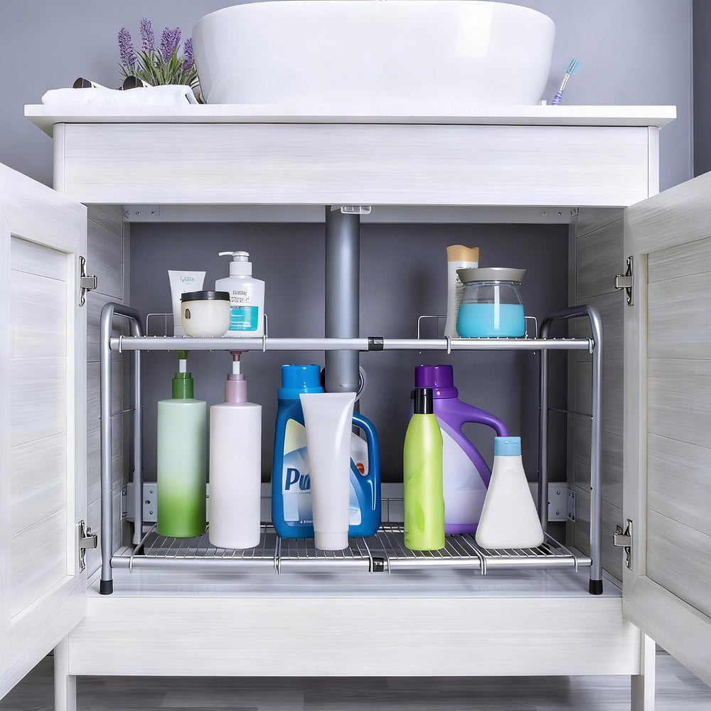 FlagShip 2 Tier Under Sink Organizers and Storage Rack Expandable Cabinet She...