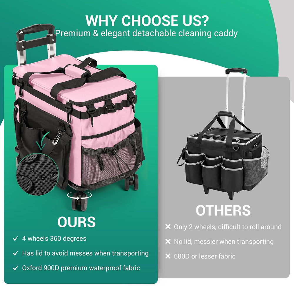 Rolling Cleaning Caddy Bag w/Detachable Trolley & Lid (Pink)