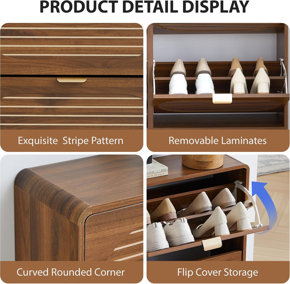 Narrow Shoe Storage Cabinet for Entryway with 4 Flip Drawers, Curved Edge Sho...