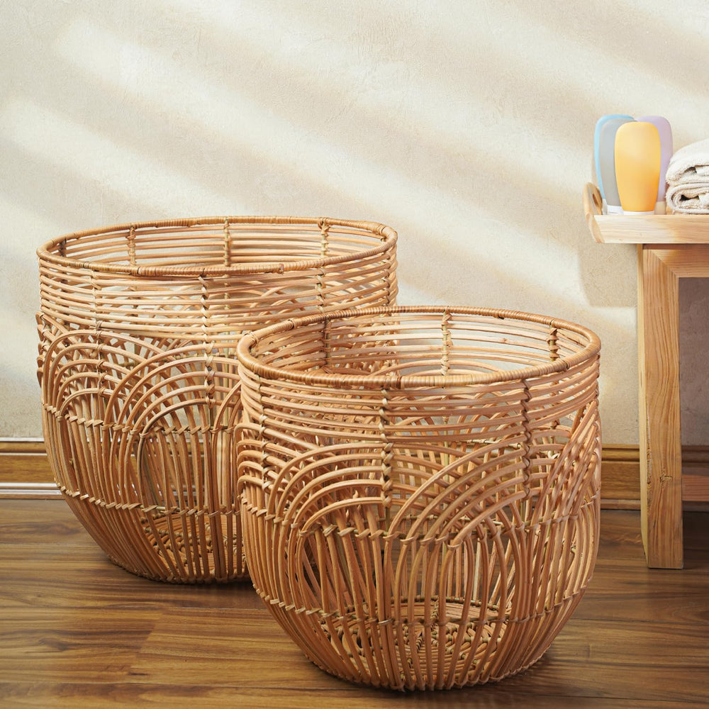 Set Of 2 Large Woven Blanket Baskets | Round Wicker Rattan Storage Floor Bask...