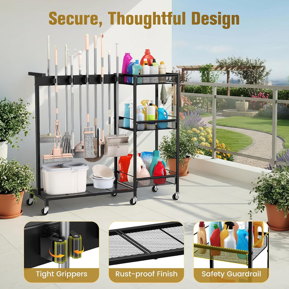 Broom Holder with Cleaning Supplies Organizer, Cleaning Utility Cart on Wheel...