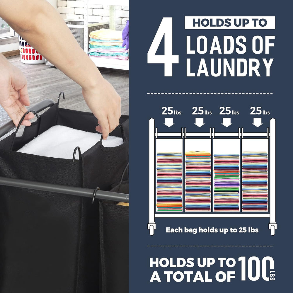 Laundry Sorter 4 Section, 4 Bag Clothes Hamper, Rolling Laundry Cart Basket w...
