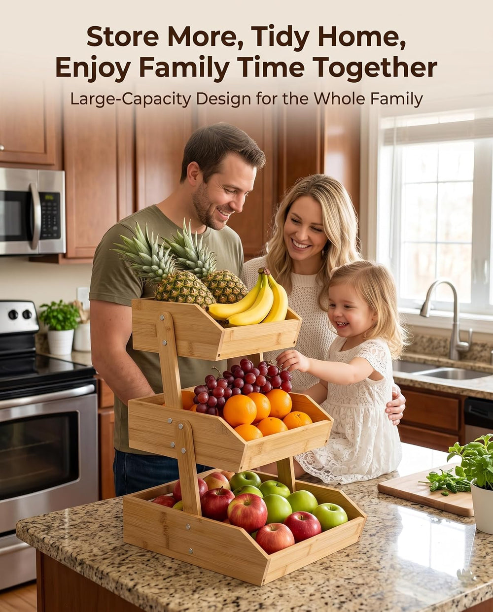 DEKAVA 3 Tier Bamboo Fruit and Vegetable Basket for Kitchen Counter