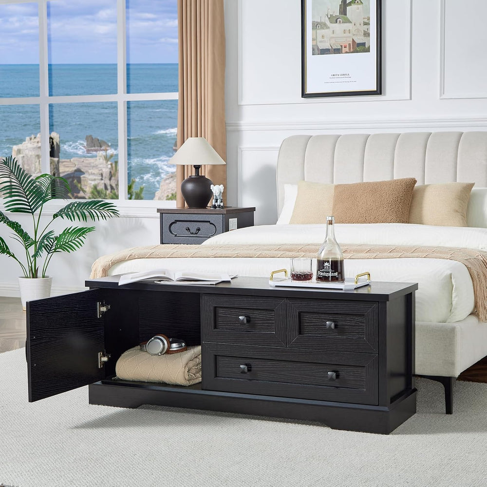 End of Bed Storage Bench, Farmhouse Bed Bench with Drawers & Cabinet, Black