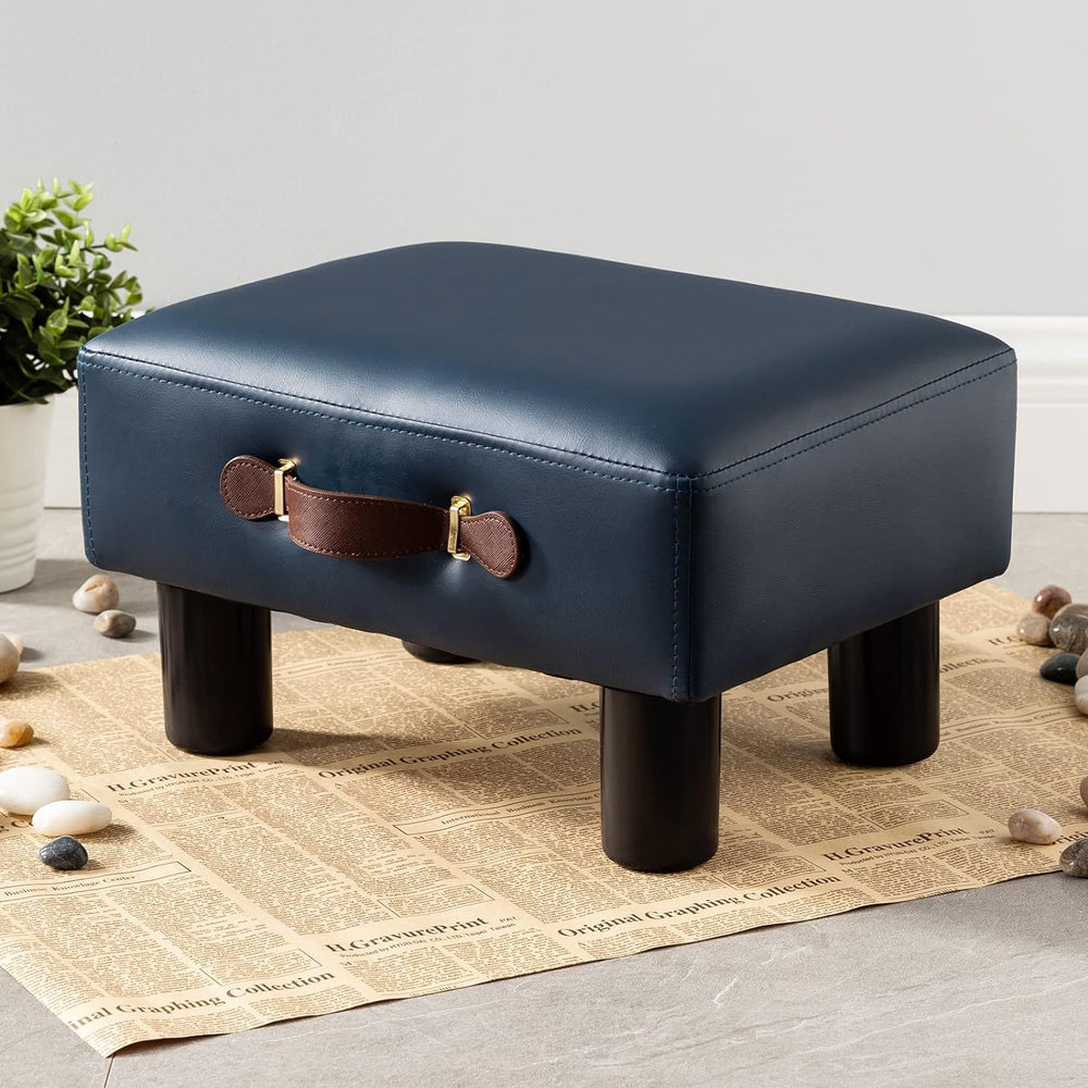 Small Foot Stool with Handle, Blue PU Leather Short Foot Stool Rest, Rectangl...