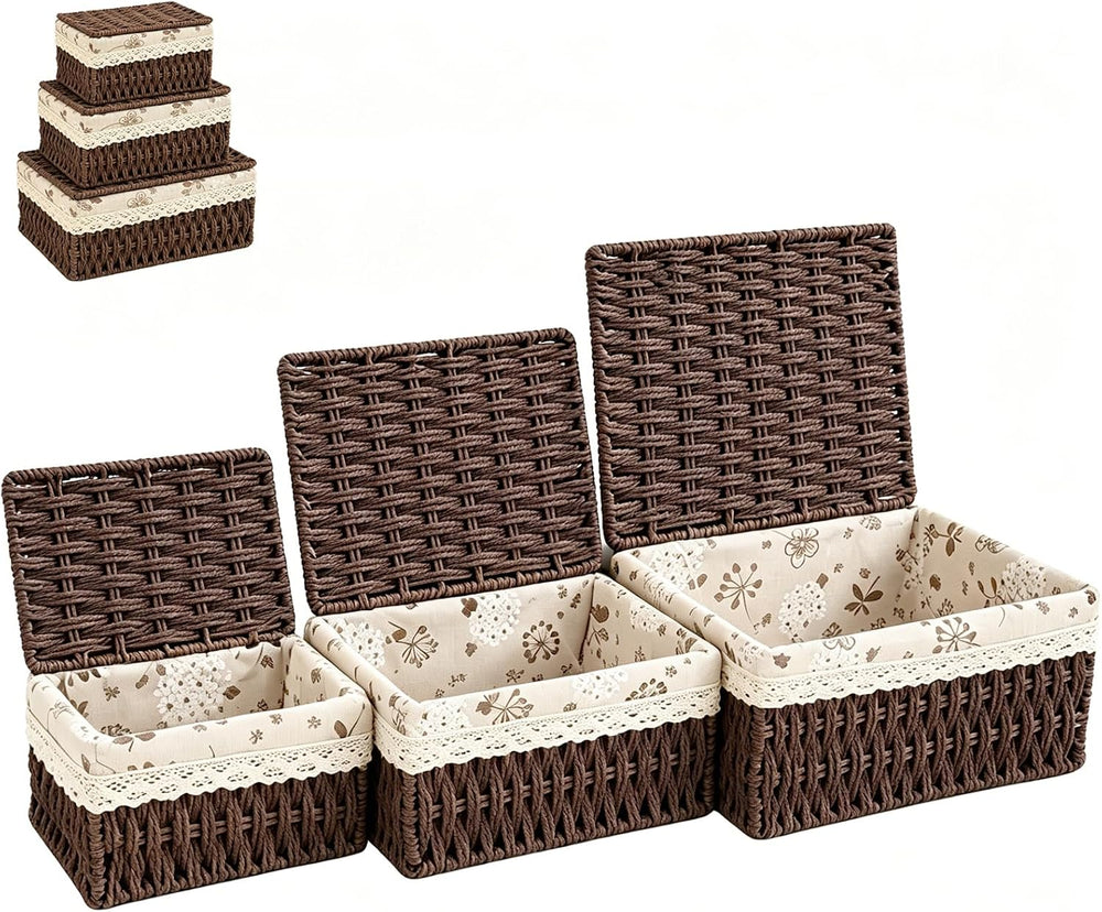 Wicker Storage Baskets with Lids, Set of 3 Nesting Natural Rattan Organizer B...
