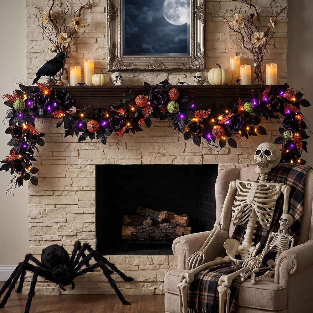 6FT Pre-Lit Halloween Garland with Lights, 2Pcs Black Rose Garland