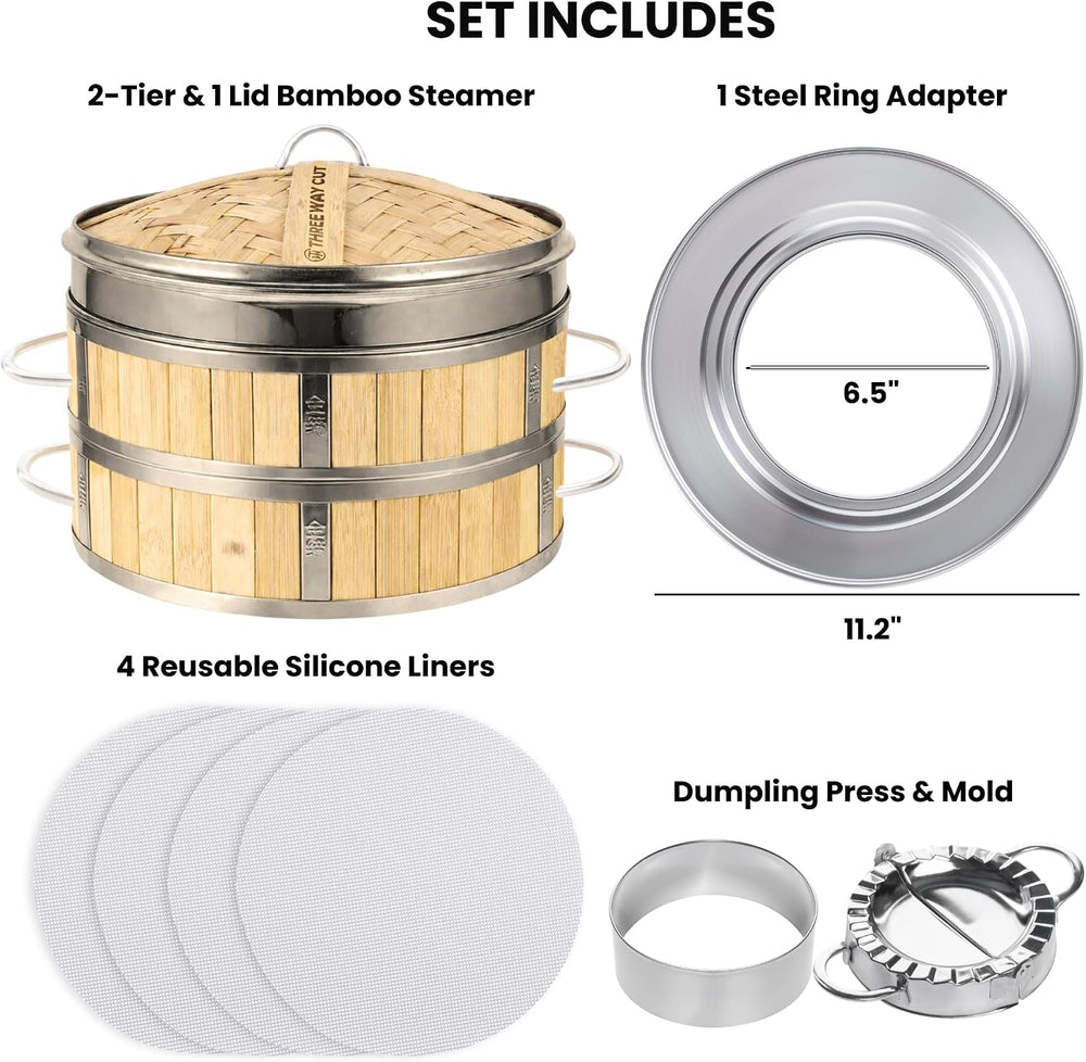 Bamboo Steamer 10" - Heavy-Duty Dumpling Steamer Basket, 2 Tier Bamboo S...