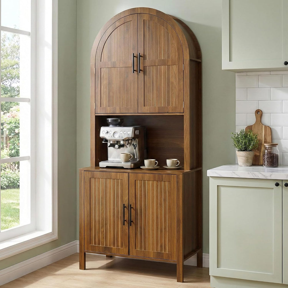 Arched Kitchen Pantry, Large Kitchen Storage Cabinet with Fluted Doors