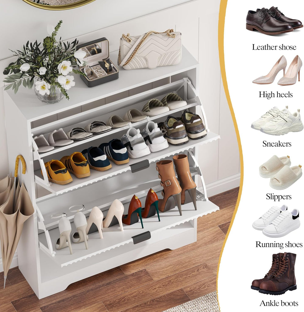 HUANLEGO Shoe Cabinet Storage for Entryway with 2 Flip Drawers, White Fluted ...
