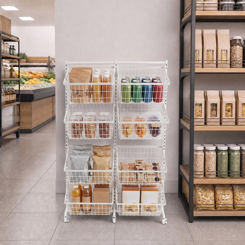 Rolling Store Snack Display Rack with Wheels, Mesh Storage Cart(White)