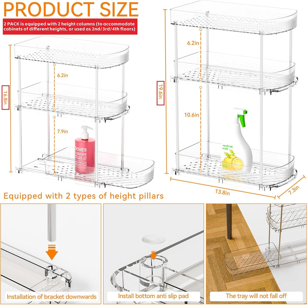2 Pack 13.8″ Deep 3 Tier Under Sink Storage Organizer,Large Pull Out Bathroom...