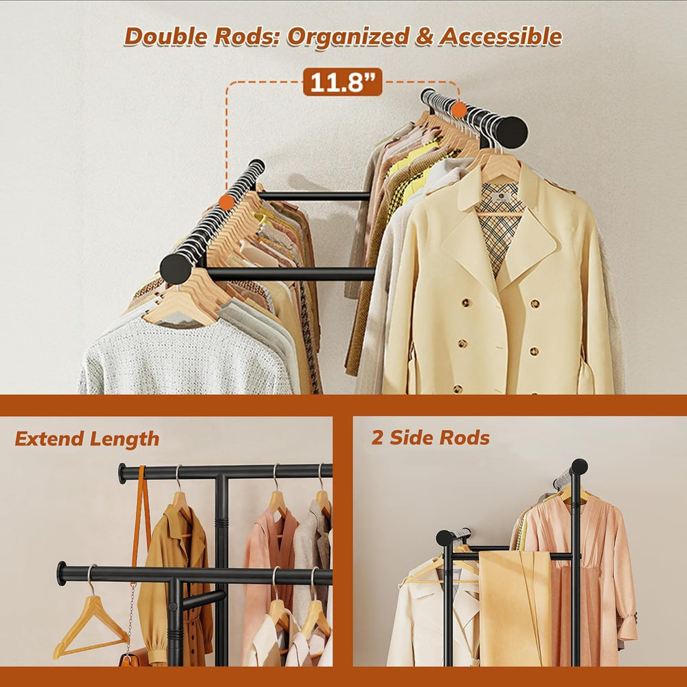 Clothes Rack 210 LBS Double Rods Extra Storage Basket