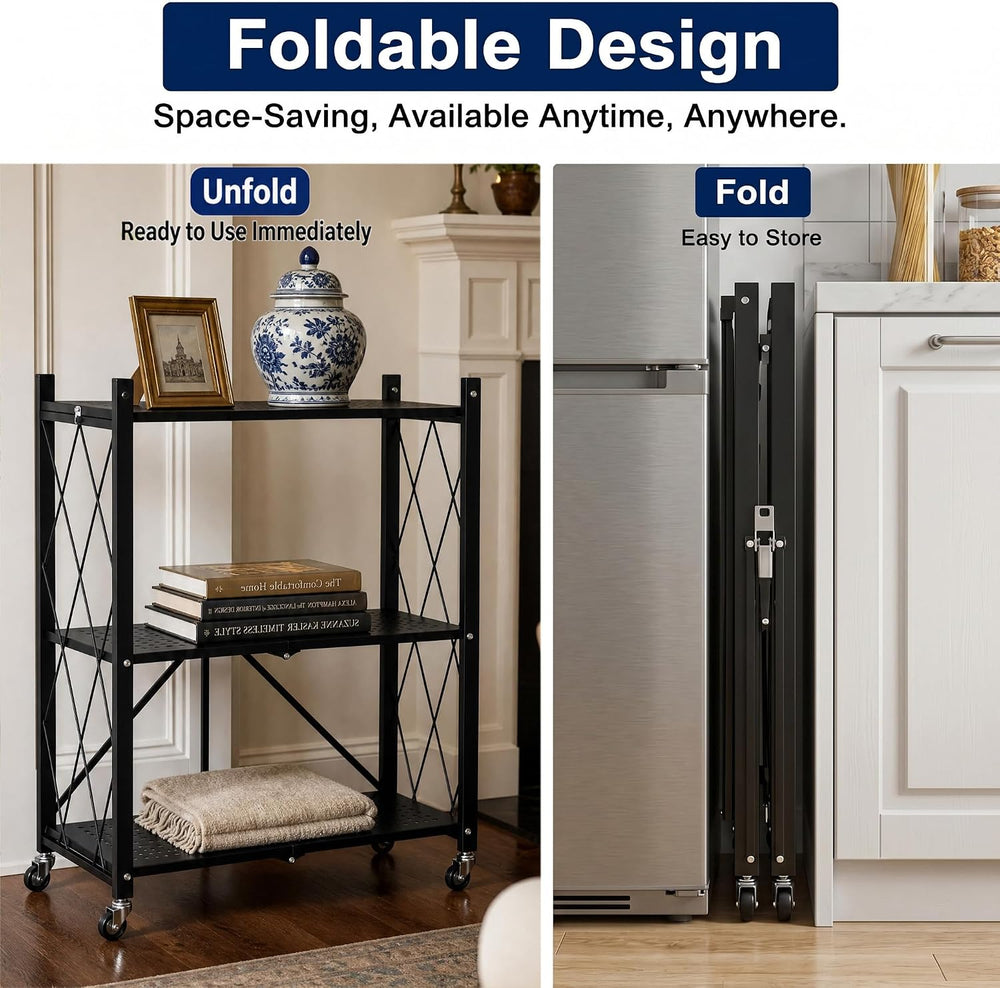 3-Tier Foldable Storage Shelves with Wheels (Black)