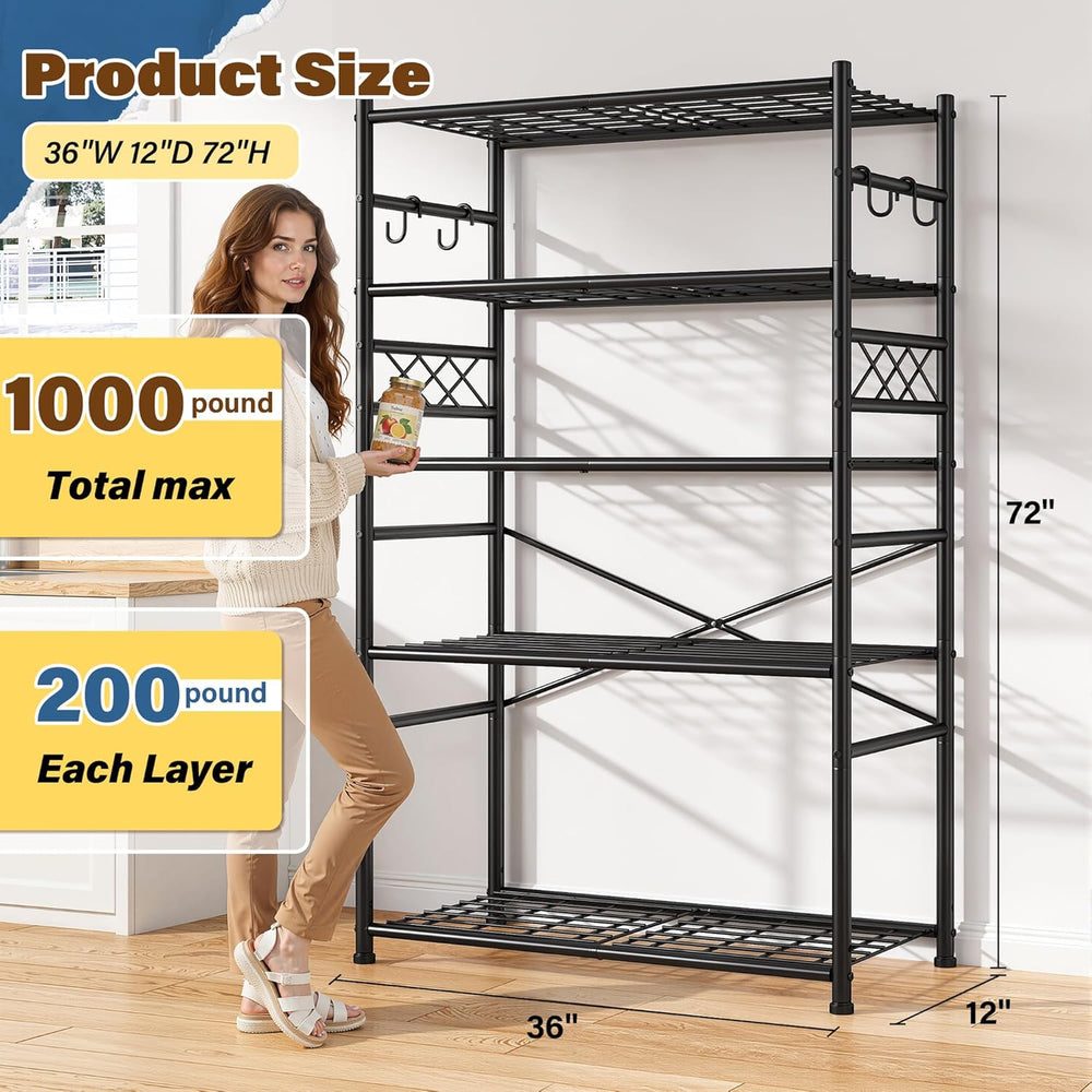 DurayLoly Heavy Duty 5-Tier 1000LBS Metal Shelving with 4 Side Hooks, Black