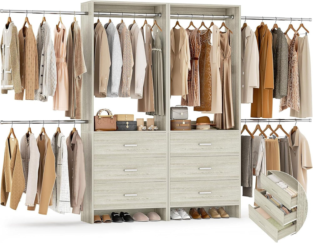 Aheaplus Closet System with Drawers and Rods, Set of 2，White Oak