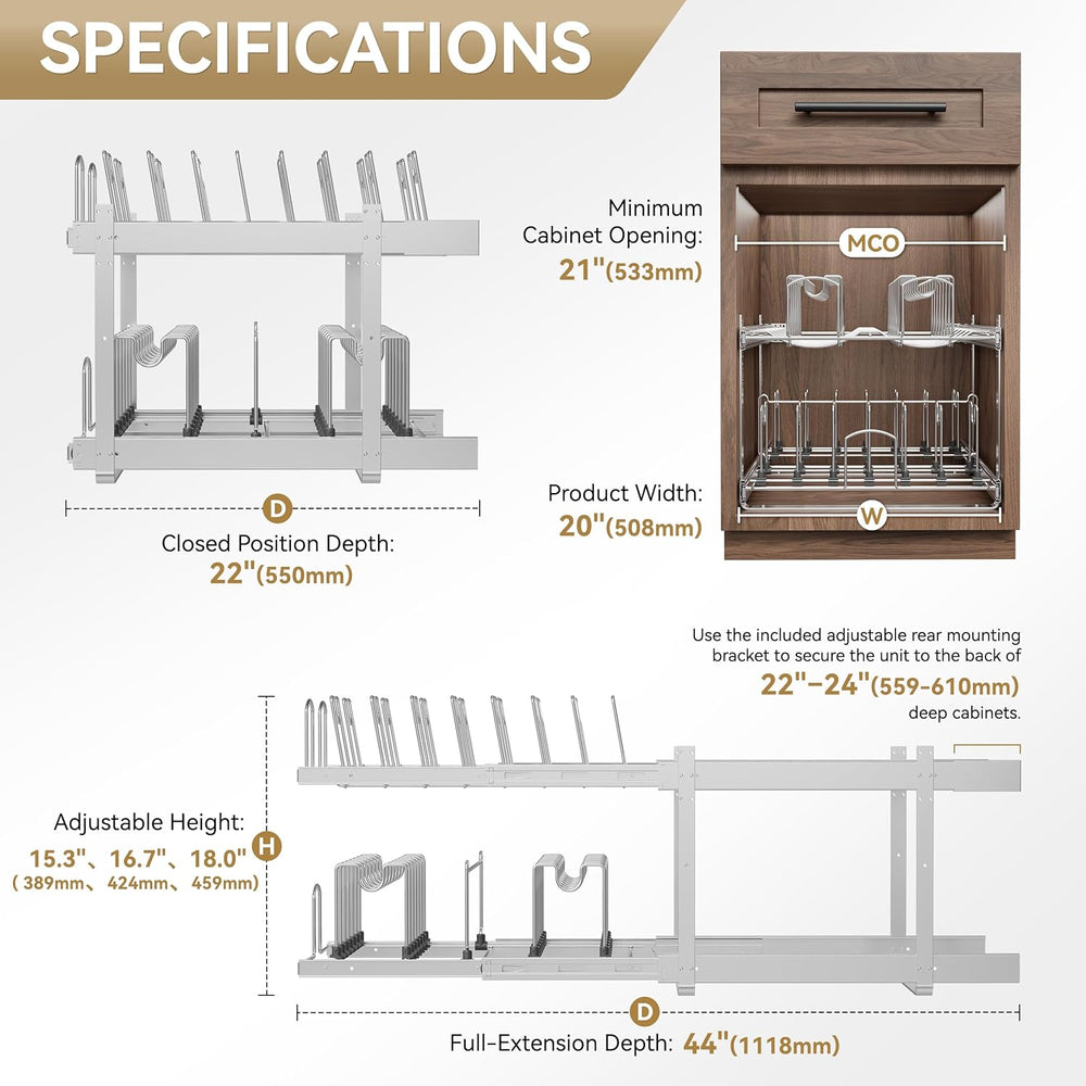 2-Tier Pots and Pans Organizer Under Cabinet Kitchen 21" W *22" D