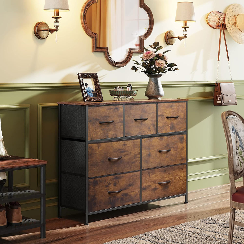 WLIVE Dresser for Bedroom, 7 Drawers, TV Stand, Rustic Brown Wood Grain