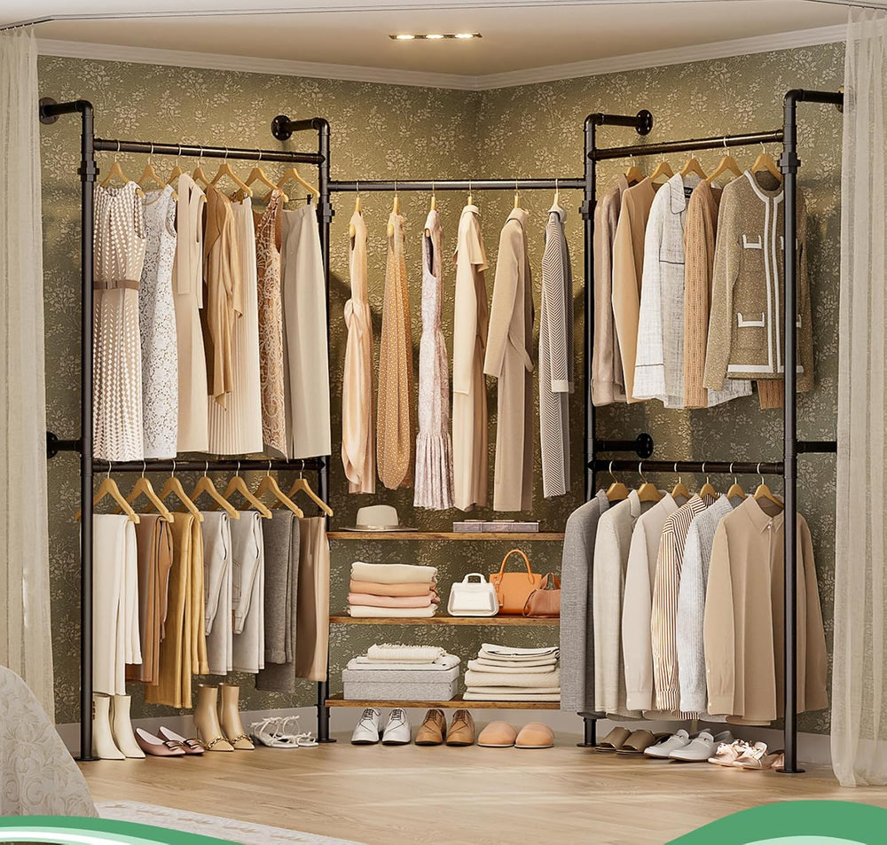 Aheaplus Industrial Corner Pipe Clothing Rack, 7.3-10.9Ft Closet System