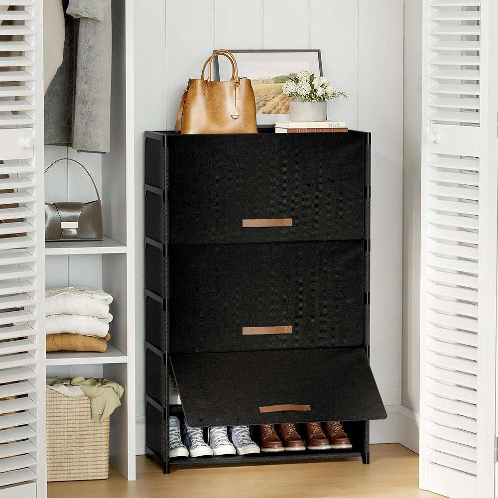 7 Tier Shoe Cabinet with Door, 28-Pair Storage, Black