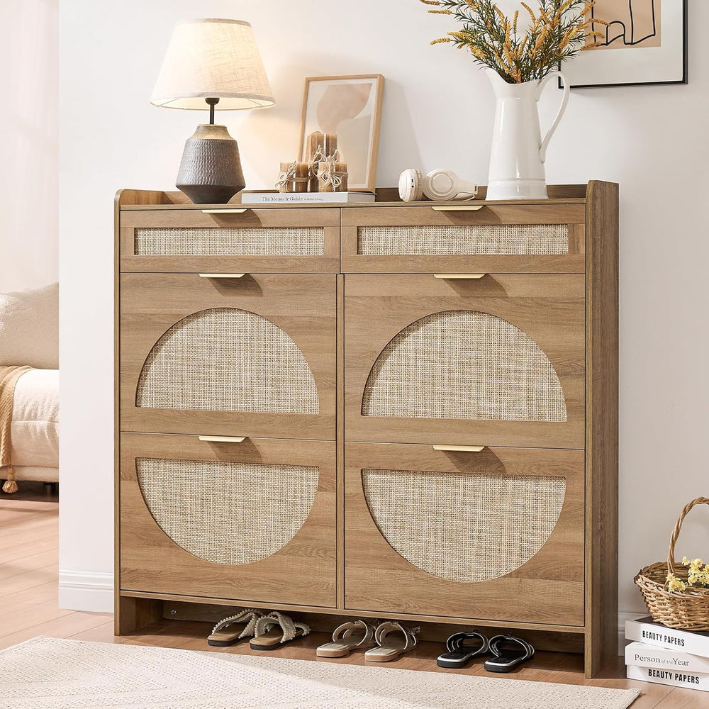 Rattan Shoe Storage Cabinet with 4 Flip Drawers & 2 Drawers, Freestanding...