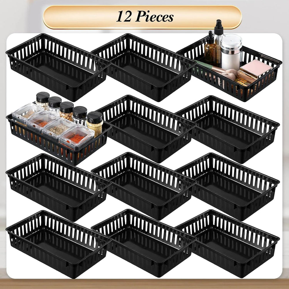 Set of 12 Small Plastic Baskets for Organizing, Black