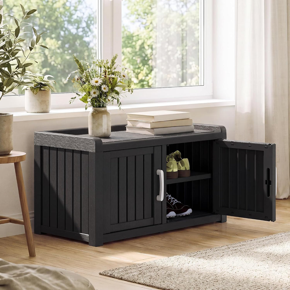 2-Tier Storage Bench, Waterproof UV-Resistant Outdoor Shoe Storage Cabinet wi...