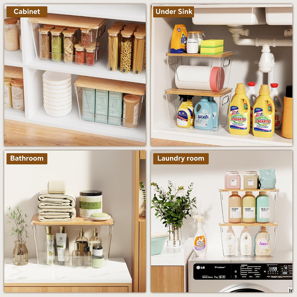 2 Set Pantry Organizers and Storage with Bamboo Lids, Stackable Clear Bins fo...