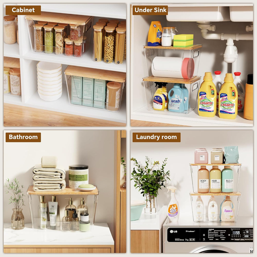 Criusia 2 Large and 2 Small Pantry Organizers and Storage with Bamboo Lids, S...