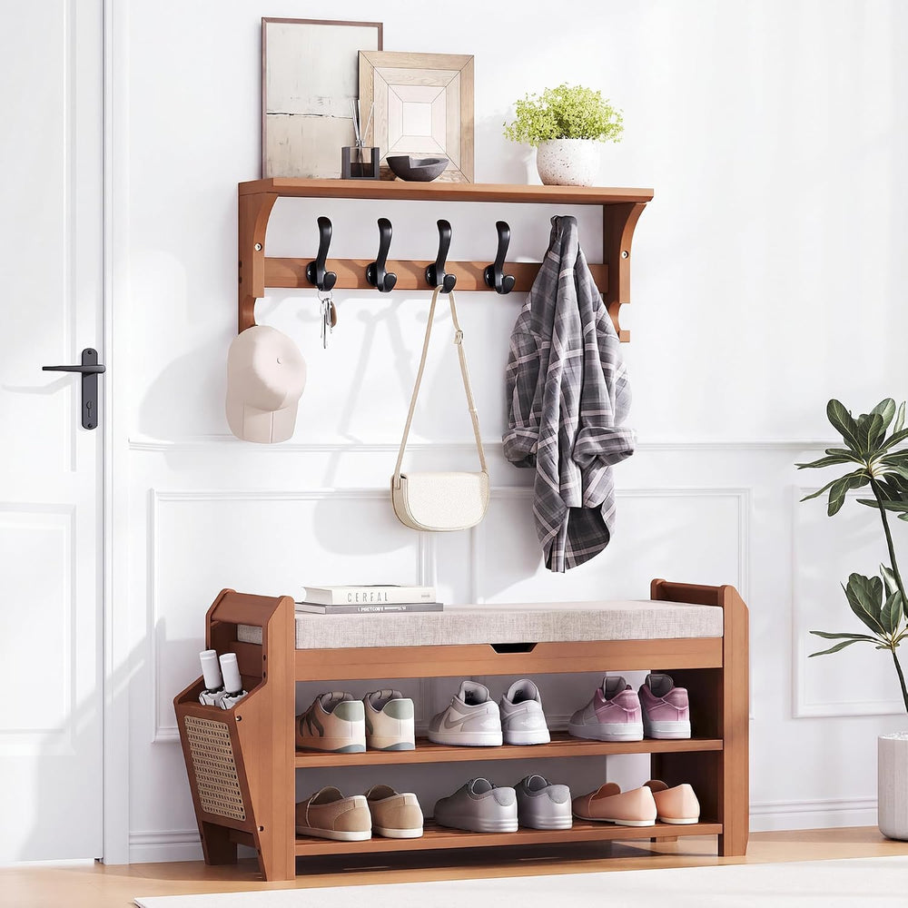 PETKABOO 31.5" Bamboo Shoe Rack Bench with Coat Rack, 3-Tier Entryway Be...