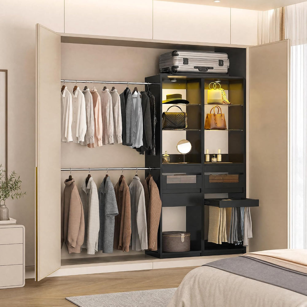 6-12 Ft Closet System with LED Lighting & 4 Adjustable Rods (Black)