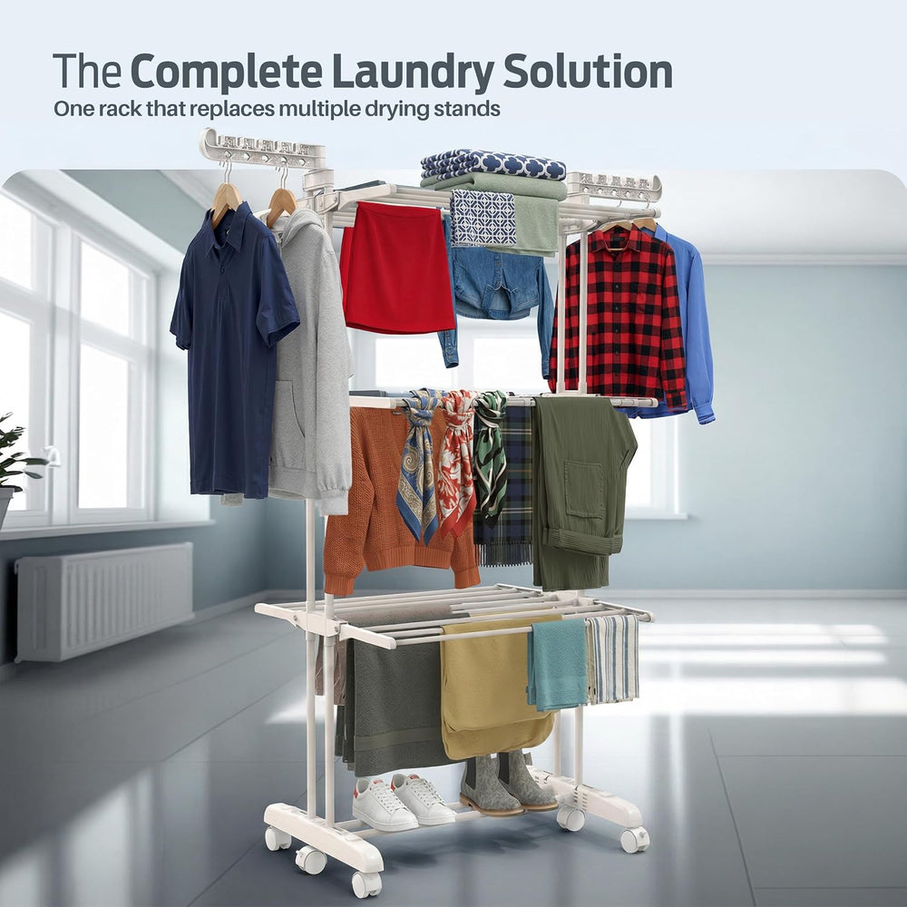 PORTENTUM Clothes airer drying rack with 4 tiers and 24 drying bars – Up to 4...