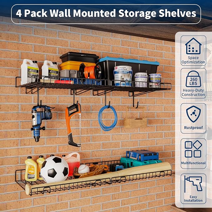 4 Pack Garage Wall Shelf, Wall Mounted Storage Shelves, Heavy Duty Metal Shelves
