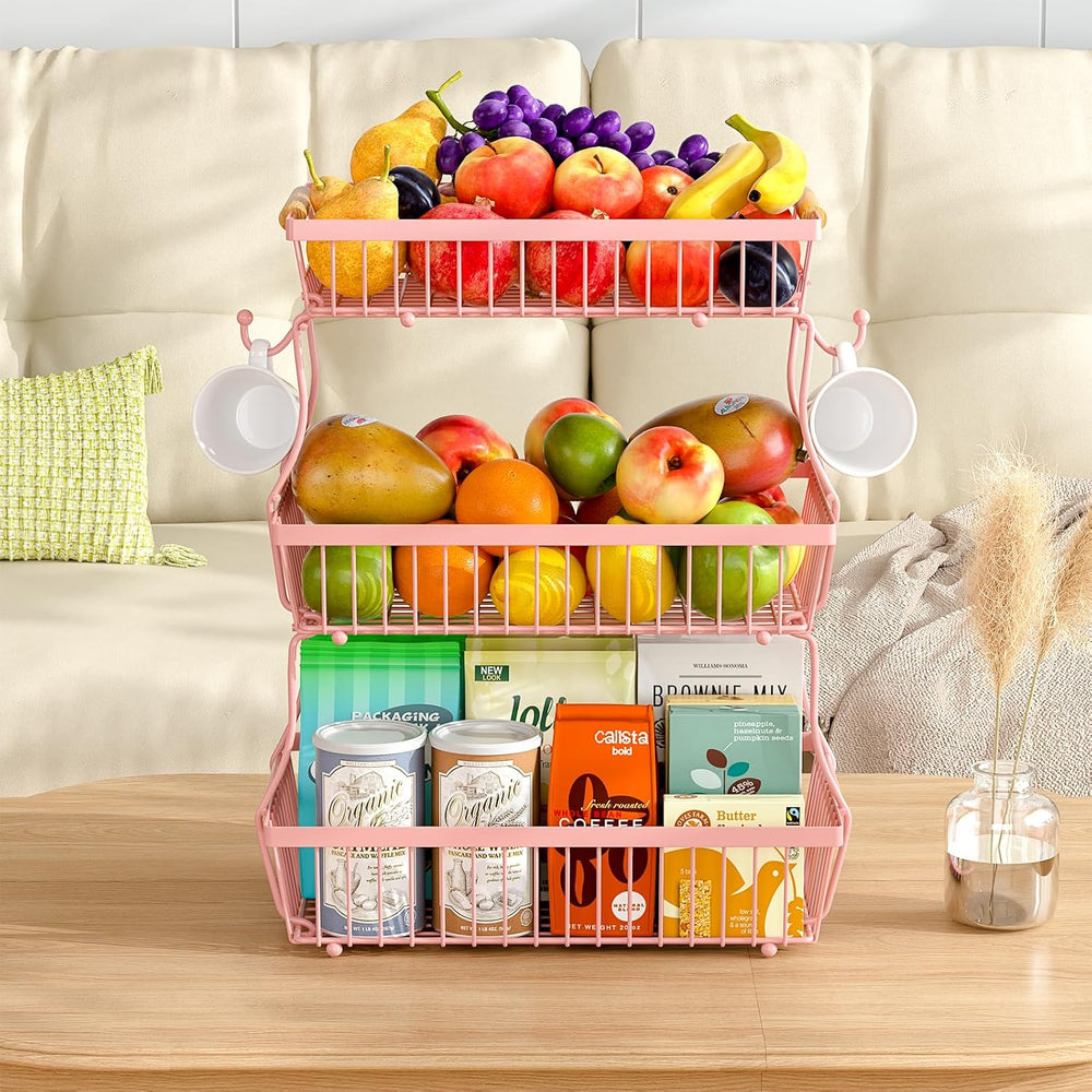 3 Tier Fruit Basket for Kitchen Counter with 2 Banana Hangers, Countertop Met...