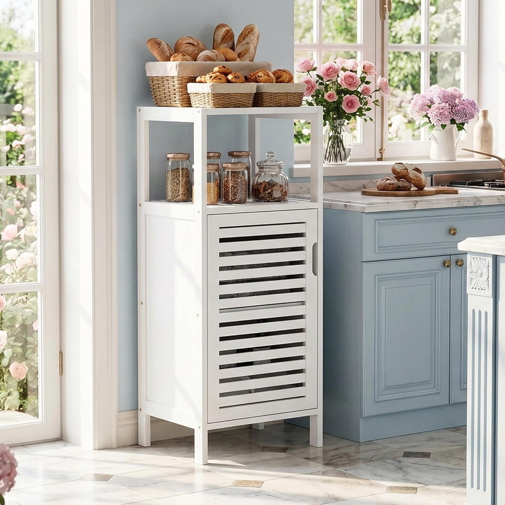 Bamboo Bathroom Storage Cabinet, 4 Tier Small White Floor Cabinet with Single...