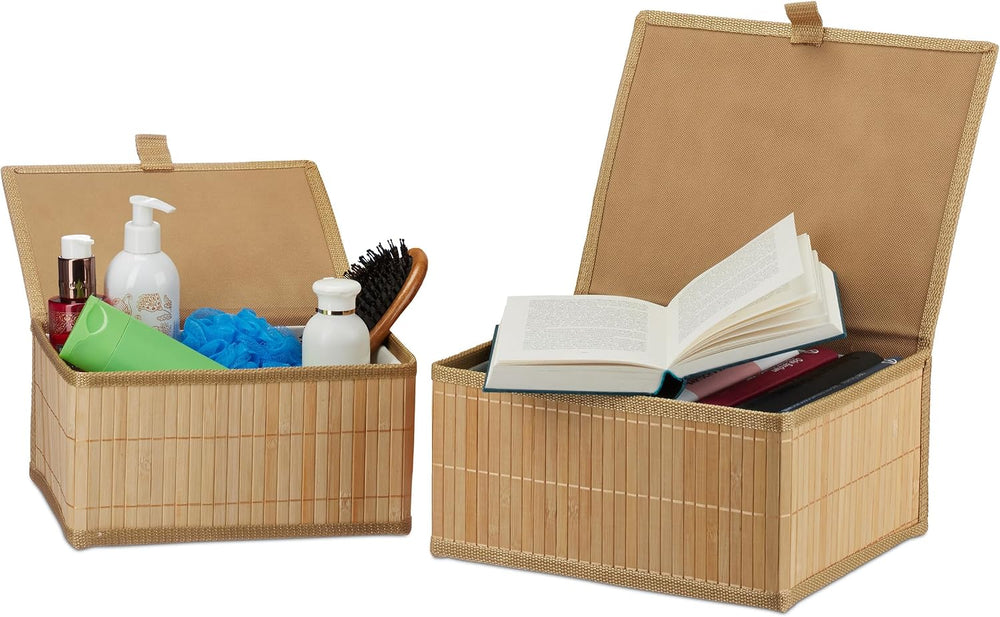 Relaxdays Storage Bin, Set of 2, Bamboo and Polyester, Practical Lid, for Bat...