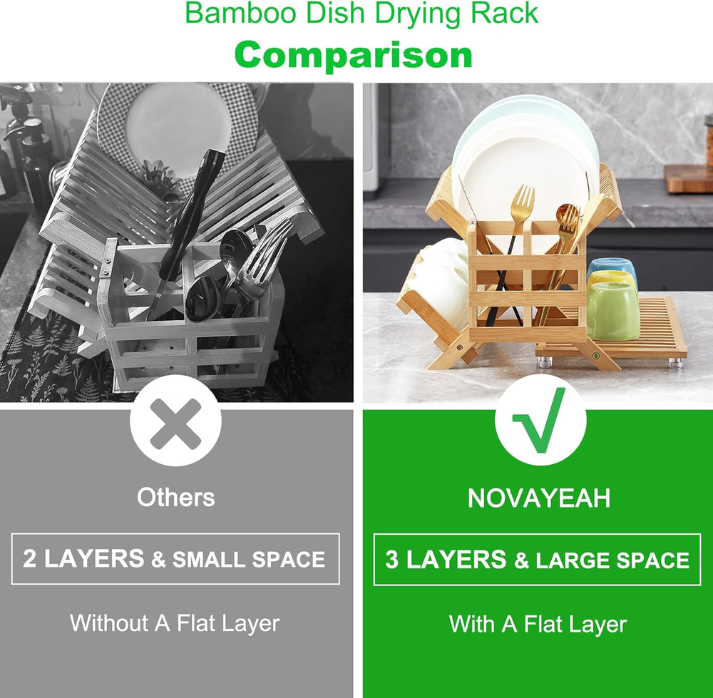 NOVAYEAH Bamboo Wooden Dish Rack, Wooden Dish Drying Drainer Rack